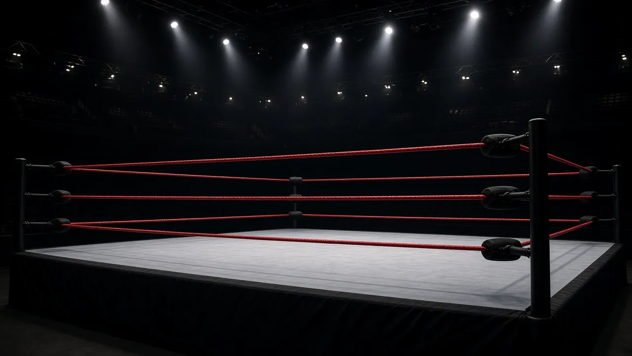 Empty wrestling ring under bright arena lights, with red ropes and no people or logos in the frame
