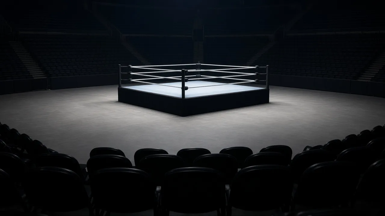 Empty indoor arena with a lit wrestling ring in the center and dark seats in front, with no people or logos