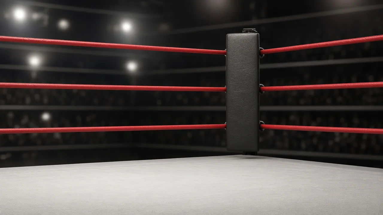 Close view of red wrestling ring ropes meeting a plain black turnbuckle pad, with no people, logos, or text