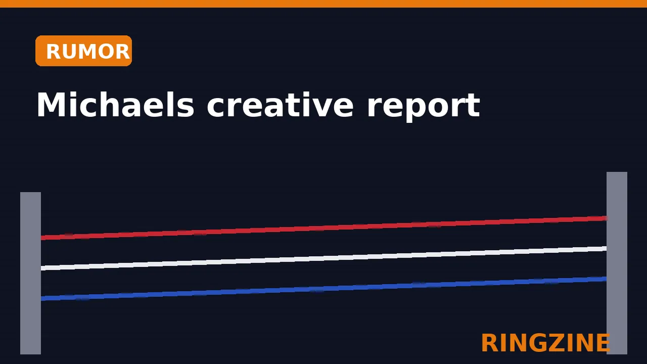 Dark RingZine title card reading Michaels creative report with an orange Rumor badge above ring ropes
