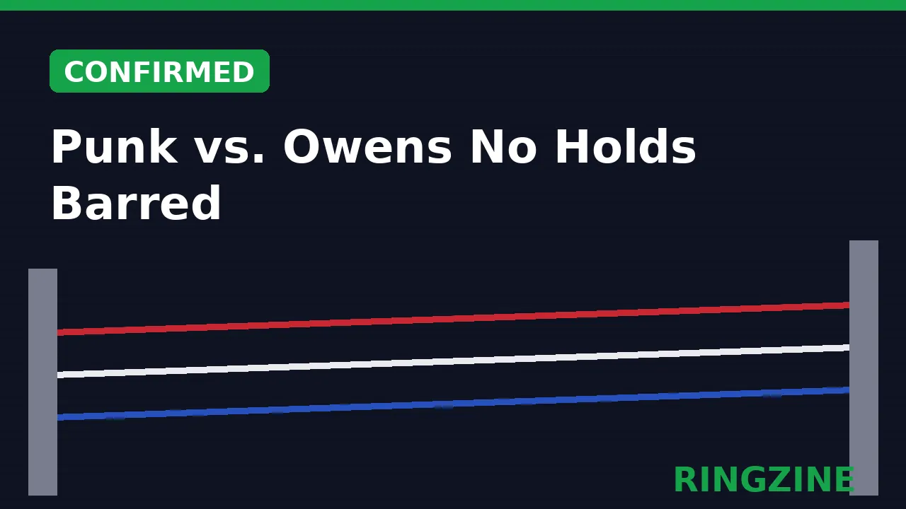 Dark RingZine title card reading Punk vs. Owens No Holds Barred with a green Confirmed badge over ring ropes